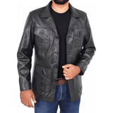 Mens Leather Classic Retro 70's Blazer Hunters Safari Jacket Black